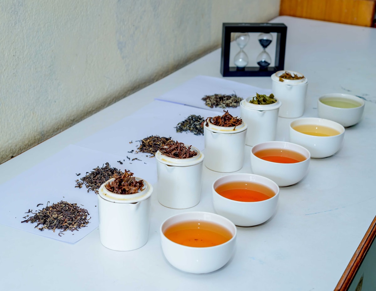 Table de dégustation : tasses de liqueur ambrée alignées à côté des feuilles sèches